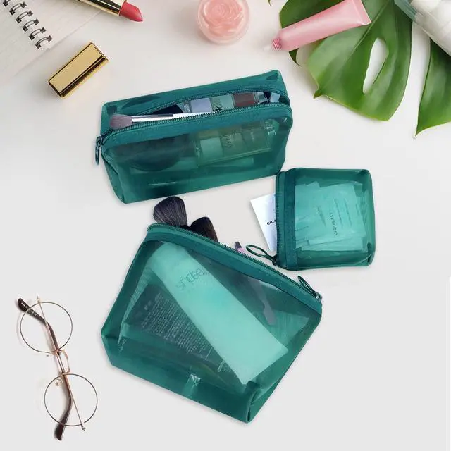 Alt view image 6 of 7 - Aosbos 3-Pack Mesh Cosmetic Bag Set - Travel/On-The-Go Makeup Storage, Zipper Closure Small Pouch, Green