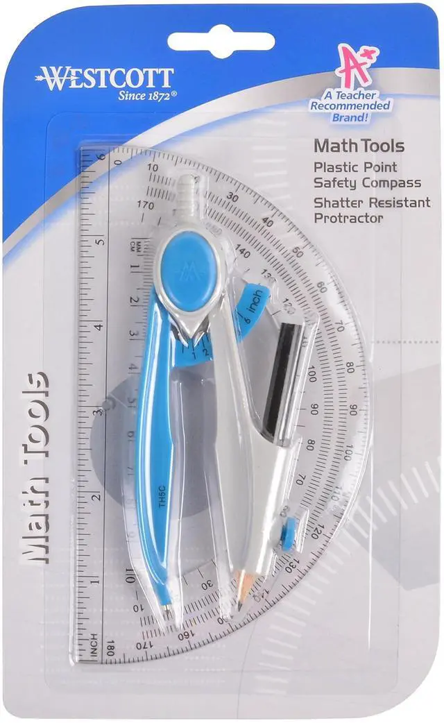 Main image of Compass and Protractor Math and Geometry Set, Essential School Supplies, Plastic Compass for Circles Up to 13-Inches, Back to School, Classroom, School Supplies, 6-Inch Protractor, Assorted Colors