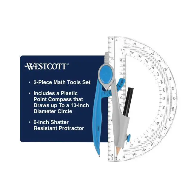 Alt view image 2 of 6 - Compass and Protractor Math and Geometry Set, Essential School Supplies, Plastic Compass for Circles Up to 13-Inches, Back to School, Classroom, School Supplies, 6-Inch Protractor, Assorted Colors