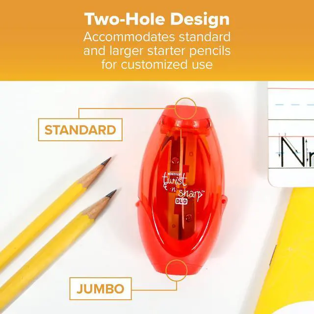 Alt view image 5 of 7 - Bostitch Office Twist-N-Sharp Manual Pencil Sharpener, 2 Holes for Standard and Jumbo Pencils with Ratchet Technology, 1 Sharpener Random Color