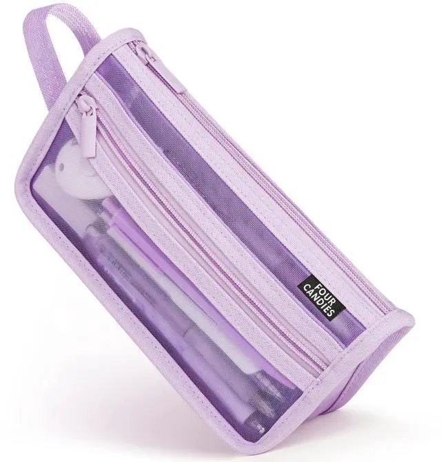Main image of Four Candies Grid Mesh Pencil Case with Handle and Zipper, Clear Double-layer Pencil Pouch Marker Pouch, Travel Makeup Bag, Cute Transparent Stationary Organizer Pen Bag for Adult Office College