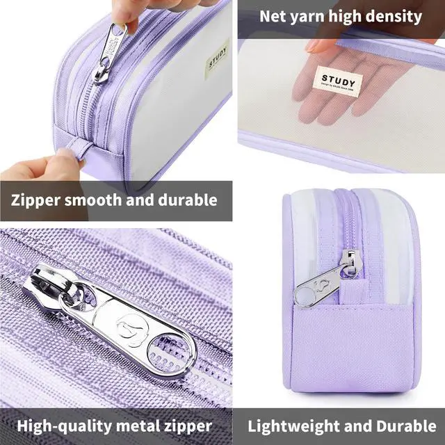 Alt view image 4 of 7 - KALIDI Grid Mesh Pencil Case Large Capacity Pencil Case Big Pencil Pouch With Zipper Simple Stationery Bag Aesthetic Pen Bag for School Teen Girl Boy Multi-Purpose bag for office Men Women (Purple)
