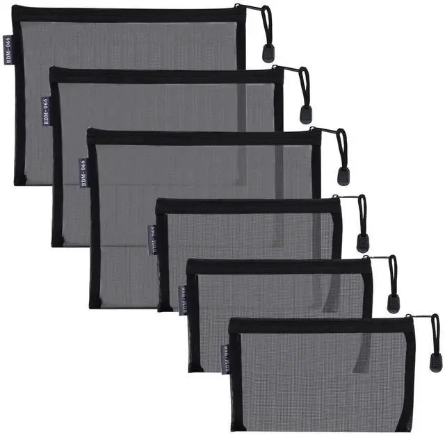 Main image of HRX Package Nylon Mesh Cosmetic Zipper Bags, 6PCS Black Makeup Pouches Travel Organizer Case for Purse Diaper Bag (A5 x 3pcs, A6 x 3pcs)