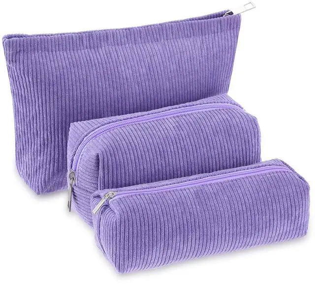 Main image of Huhumy 3 Pcs Makeup Bag Set for Women Corduroy Cosmetic Pouch Aesthetic Smile Travel Toiletry Bag Cute Purse Pouch Pencil Case Makeup Brushes Storage Organizer with Zipper(Purple,Solid Style)