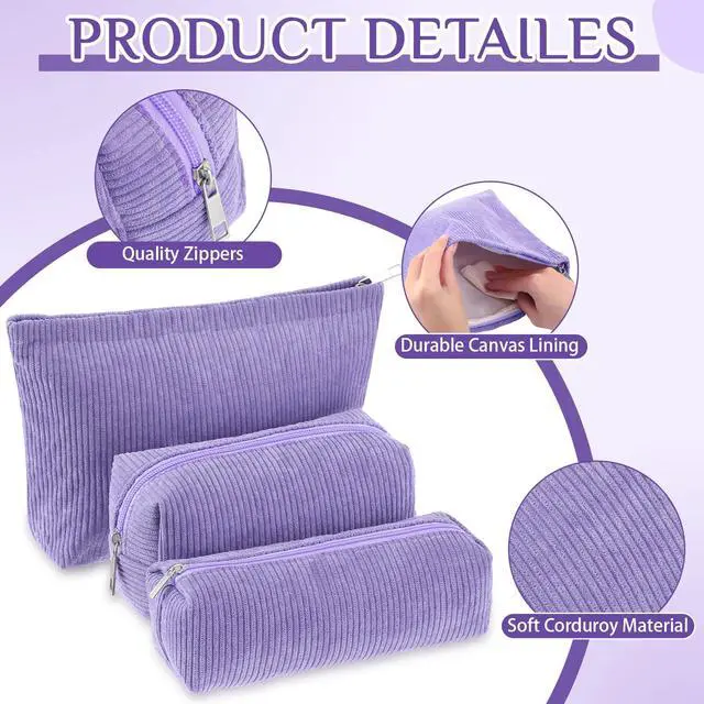 Alt view image 3 of 6 - Huhumy 3 Pcs Makeup Bag Set for Women Corduroy Cosmetic Pouch Aesthetic Smile Travel Toiletry Bag Cute Purse Pouch Pencil Case Makeup Brushes Storage Organizer with Zipper(Purple,Solid Style)