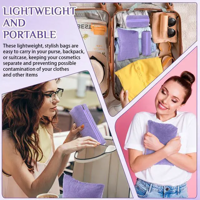 Alt view image 5 of 6 - Huhumy 3 Pcs Makeup Bag Set for Women Corduroy Cosmetic Pouch Aesthetic Smile Travel Toiletry Bag Cute Purse Pouch Pencil Case Makeup Brushes Storage Organizer with Zipper(Purple,Solid Style)