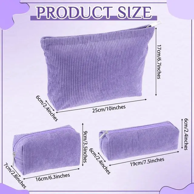 Alt view image 2 of 6 - Huhumy 3 Pcs Makeup Bag Set for Women Corduroy Cosmetic Pouch Aesthetic Smile Travel Toiletry Bag Cute Purse Pouch Pencil Case Makeup Brushes Storage Organizer with Zipper(Purple,Solid Style)