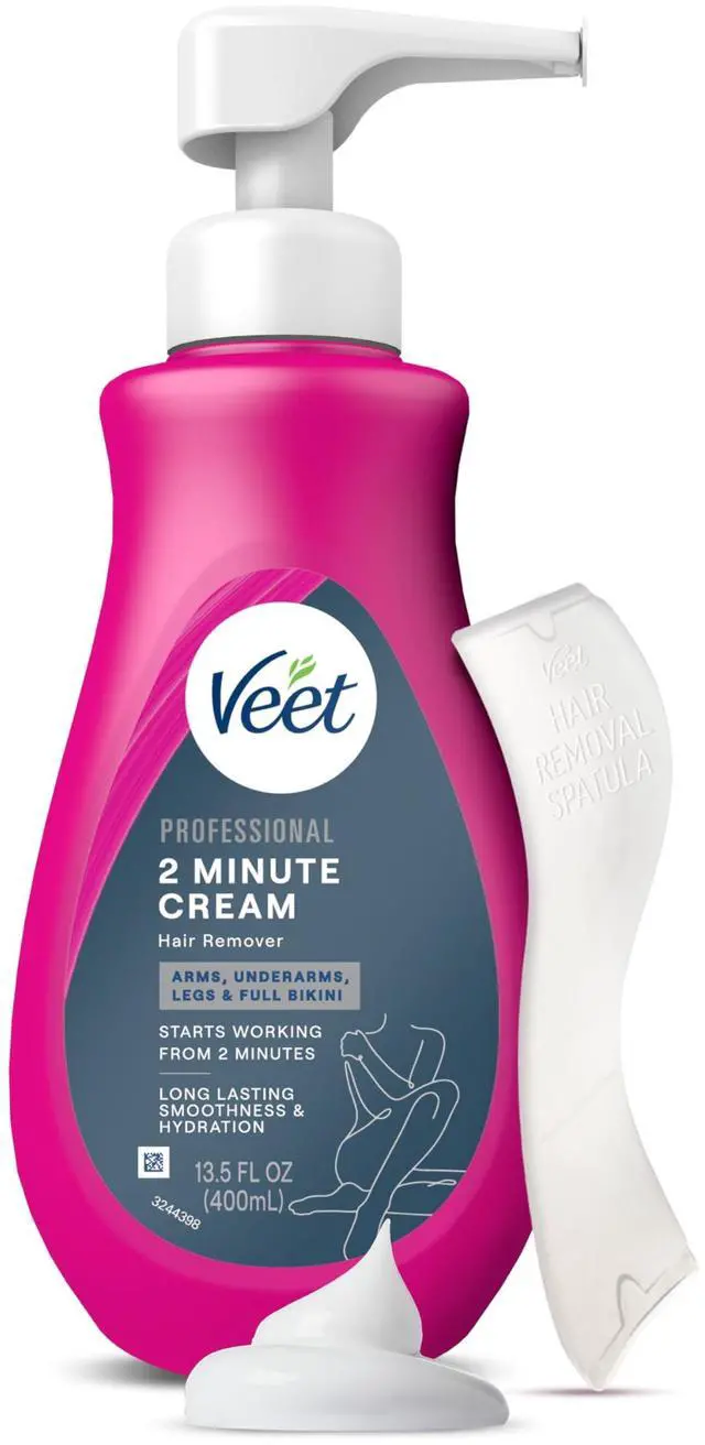Main image of VEET Professional 2 Minute Cream for All Skin Types with Shea Butter, Effective Full Bikini & Pubic Hair Removal, Dermatologically Tested, 13.5 FL OZ Bottle w/Spatula