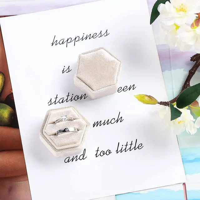 Alt view image 2 of 6 - Etercycle Velvet Jewelry Ring Box, Small Hexagon Premium Gorgeous Vintage Double Ring Gift Box with Detachable Lid for Proposal Engagement Wedding Ceremony(Beige)