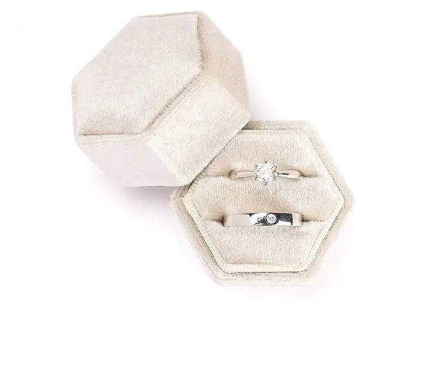 Main image of Etercycle Velvet Jewelry Ring Box, Small Hexagon Premium Gorgeous Vintage Double Ring Gift Box with Detachable Lid for Proposal Engagement Wedding Ceremony(Beige)