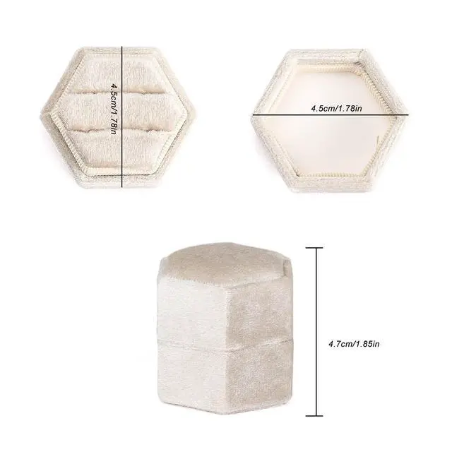 Alt view image 3 of 6 - Etercycle Velvet Jewelry Ring Box, Small Hexagon Premium Gorgeous Vintage Double Ring Gift Box with Detachable Lid for Proposal Engagement Wedding Ceremony(Beige)