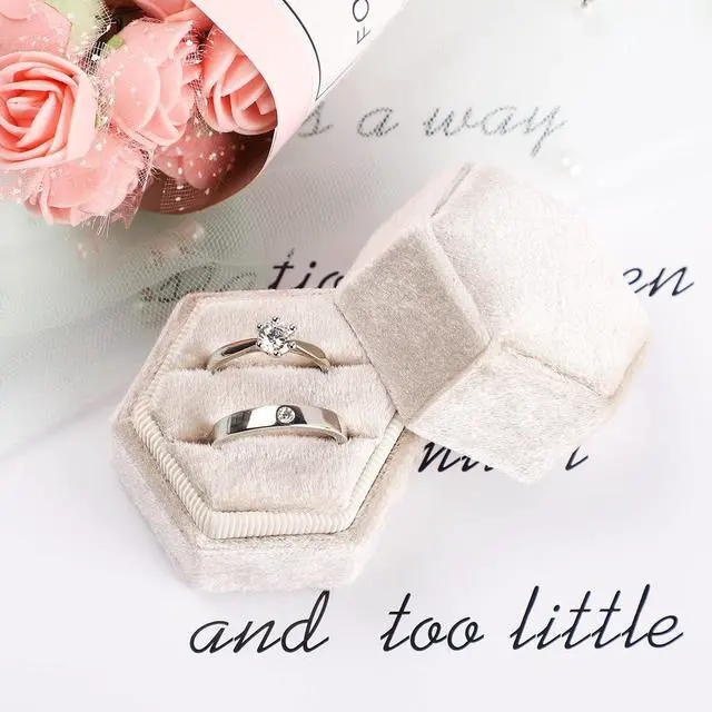 Alt view image 4 of 6 - Etercycle Velvet Jewelry Ring Box, Small Hexagon Premium Gorgeous Vintage Double Ring Gift Box with Detachable Lid for Proposal Engagement Wedding Ceremony(Beige)