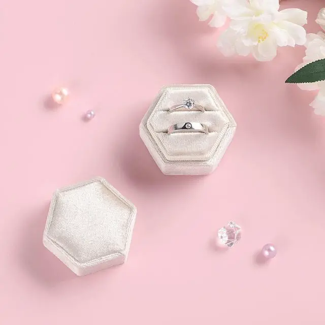 Alt view image 5 of 6 - Etercycle Velvet Jewelry Ring Box, Small Hexagon Premium Gorgeous Vintage Double Ring Gift Box with Detachable Lid for Proposal Engagement Wedding Ceremony(Beige)