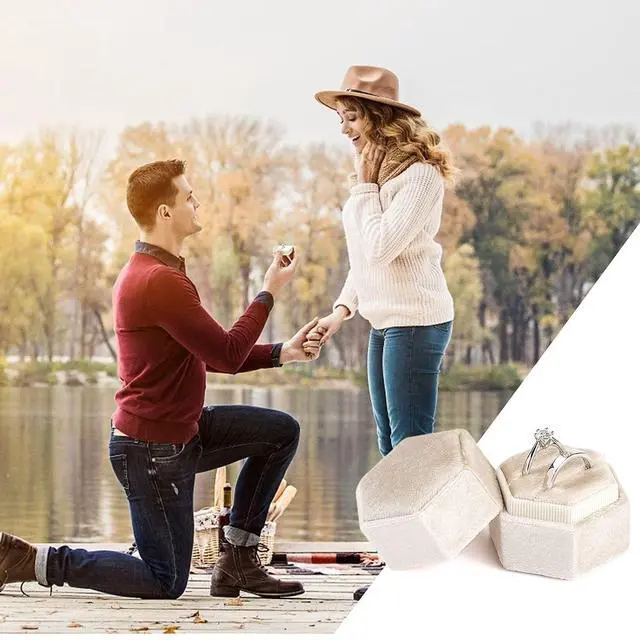 Alt view image 6 of 6 - Etercycle Velvet Jewelry Ring Box, Small Hexagon Premium Gorgeous Vintage Double Ring Gift Box with Detachable Lid for Proposal Engagement Wedding Ceremony(Beige)
