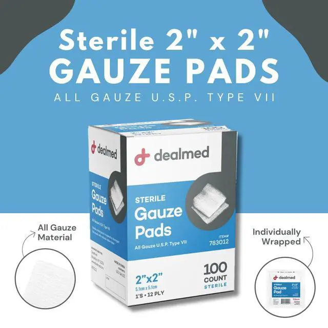 Alt view image 2 of 7 - Dealmed 2 x 2 Sterile Gauze Pads (100 Count) Disposable and Individually Wrapped Medical Gauze Pads, Wound Care Product for First Aid Kit and Medical Facilities (Pack of 1)