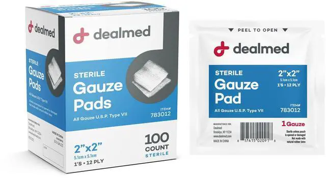Main image of Dealmed 2 x 2 Sterile Gauze Pads (100 Count) Disposable and Individually Wrapped Medical Gauze Pads, Wound Care Product for First Aid Kit and Medical Facilities (Pack of 1)