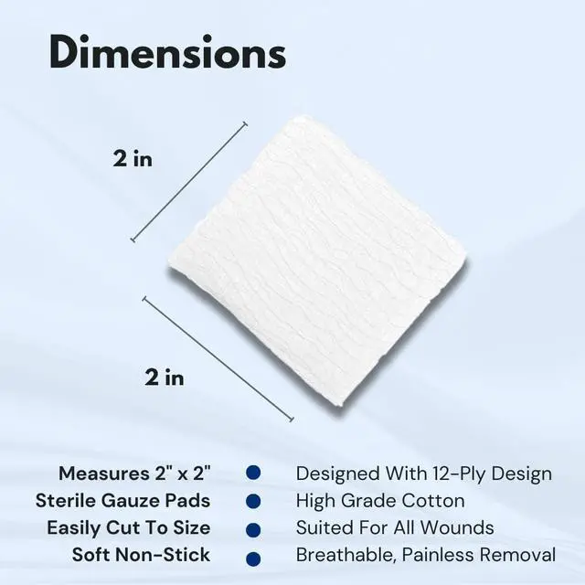 Alt view image 3 of 7 - Dealmed 2 x 2 Sterile Gauze Pads (100 Count) Disposable and Individually Wrapped Medical Gauze Pads, Wound Care Product for First Aid Kit and Medical Facilities (Pack of 1)