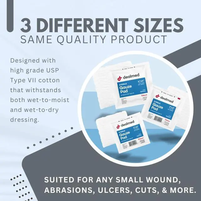 Alt view image 4 of 7 - Dealmed 2 x 2 Sterile Gauze Pads (100 Count) Disposable and Individually Wrapped Medical Gauze Pads, Wound Care Product for First Aid Kit and Medical Facilities (Pack of 1)