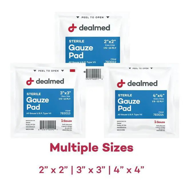 Alt view image 6 of 7 - Dealmed 2 x 2 Sterile Gauze Pads (100 Count) Disposable and Individually Wrapped Medical Gauze Pads, Wound Care Product for First Aid Kit and Medical Facilities (Pack of 1)
