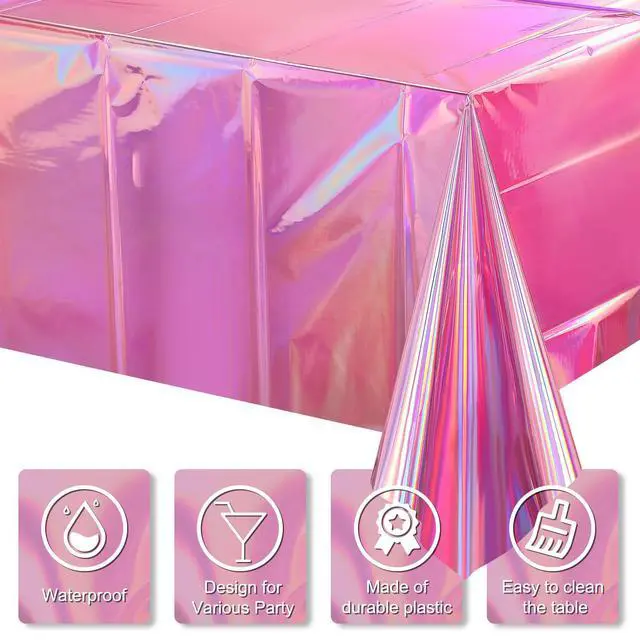 Alt view image 3 of 7 - 4 Pack Iridescent Pink Plastic Tablecloths, FunnyPars Shiny Disposable Laser Rectangle Table Covers, Holographic Foil Tablecloth Iridescent Party Decorations for Kpop Birthday Wedding Xmas, 54x108Inch