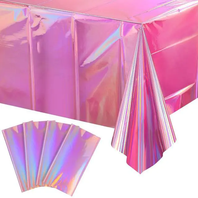 Main image of 4 Pack Iridescent Pink Plastic Tablecloths, FunnyPars Shiny Disposable Laser Rectangle Table Covers, Holographic Foil Tablecloth Iridescent Party Decorations for Kpop Birthday Wedding Xmas, 54x108Inch