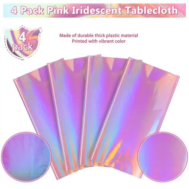 Alt view image 4 of 7 - 4 Pack Iridescent Pink Plastic Tablecloths, FunnyPars Shiny Disposable Laser Rectangle Table Covers, Holographic Foil Tablecloth Iridescent Party Decorations for Kpop Birthday Wedding Xmas, 54x108Inch