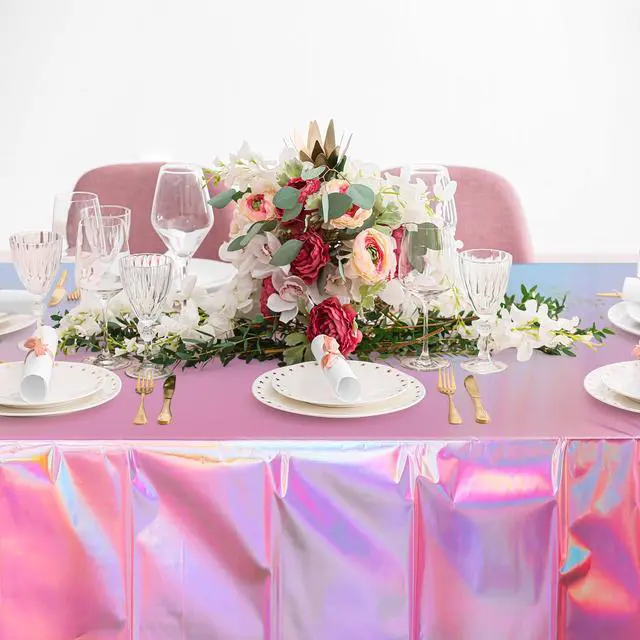 Alt view image 6 of 7 - 4 Pack Iridescent Pink Plastic Tablecloths, FunnyPars Shiny Disposable Laser Rectangle Table Covers, Holographic Foil Tablecloth Iridescent Party Decorations for Kpop Birthday Wedding Xmas, 54x108Inch