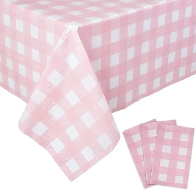 Main image of Kesfey 3 Packs Pink Gingham Tablecloth Pink and White Checkered Tablecloths 54 x 108 Inches Disposable Plastic Gingham Tablecovers Waterproof Rectangle Picnic Table Covers for Birthday Party Supplies