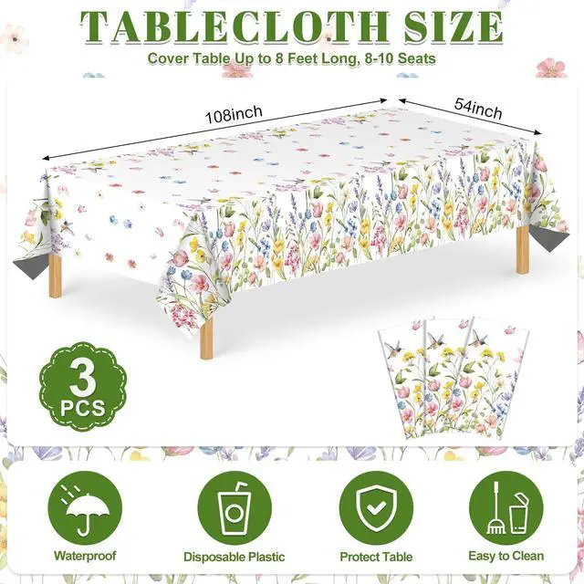 Alt view image 2 of 6 - NatNarr 3 Pack Wildflower Plastic Tablecloths, 54 X 108Inch Spring Tablecloth Disposable Tea Party Table Cloth, Butterfly Wildflower Porcelain Tables Decor for Tea Party Birthday Garden Wedding Party
