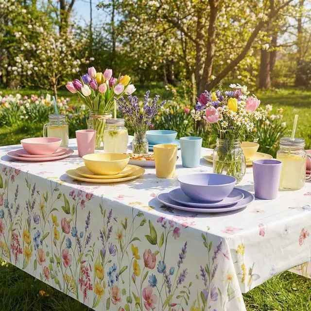 Alt view image 3 of 6 - NatNarr 3 Pack Wildflower Plastic Tablecloths, 54 X 108Inch Spring Tablecloth Disposable Tea Party Table Cloth, Butterfly Wildflower Porcelain Tables Decor for Tea Party Birthday Garden Wedding Party