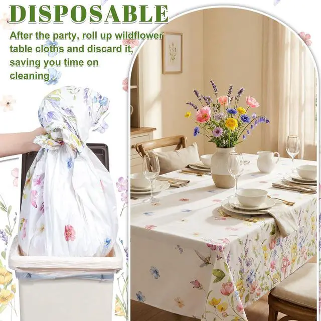Alt view image 4 of 6 - NatNarr 3 Pack Wildflower Plastic Tablecloths, 54 X 108Inch Spring Tablecloth Disposable Tea Party Table Cloth, Butterfly Wildflower Porcelain Tables Decor for Tea Party Birthday Garden Wedding Party