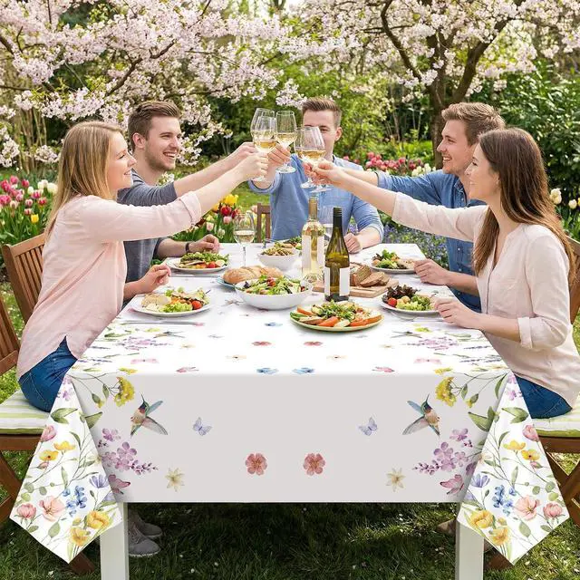 Alt view image 6 of 6 - NatNarr 3 Pack Wildflower Plastic Tablecloths, 54 X 108Inch Spring Tablecloth Disposable Tea Party Table Cloth, Butterfly Wildflower Porcelain Tables Decor for Tea Party Birthday Garden Wedding Party