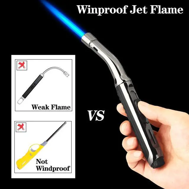 Alt view image 4 of 6 - Yeuligo Torch Lighters, 7.6in Long Butane Lighter with Visible Window, Adjustable and Refillable Lighter for Kitchen Fireplace Camping Candle Grill BBQ Fireworks. Dark Gray(Gas Not Included)