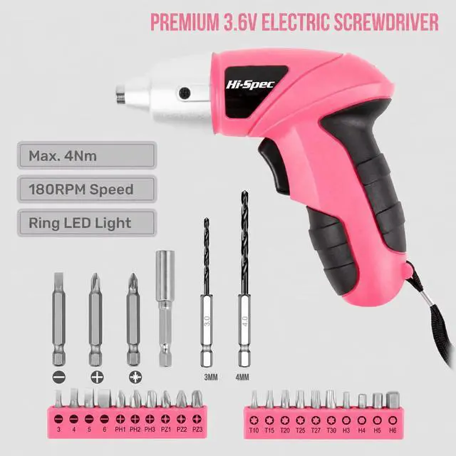 Alt view image 2 of 7 - Hi-Spec Small Electric Screwdriver, Mini Drill Set, Rechargeable 3.6V Cordless Screwdriver with 26 Driver Bits, Power Tool for Small Projects & Home Use, Pink