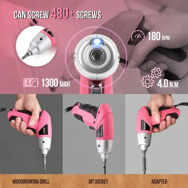 Alt view image 4 of 7 - Hi-Spec Small Electric Screwdriver, Mini Drill Set, Rechargeable 3.6V Cordless Screwdriver with 26 Driver Bits, Power Tool for Small Projects & Home Use, Pink