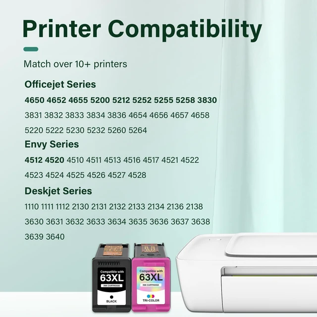 Alt view image 2 of 7 - 63 63XL 4520 3830 Ink Cartridges for HP Printers Black and Color Combo Pack Replacement for HP63XLBlack 63 XL for HP Envy 4520 OfficeJet 3830 4650 5255 5258 5220 4655 DeskJet 1112 3630 Printer 2-Pack