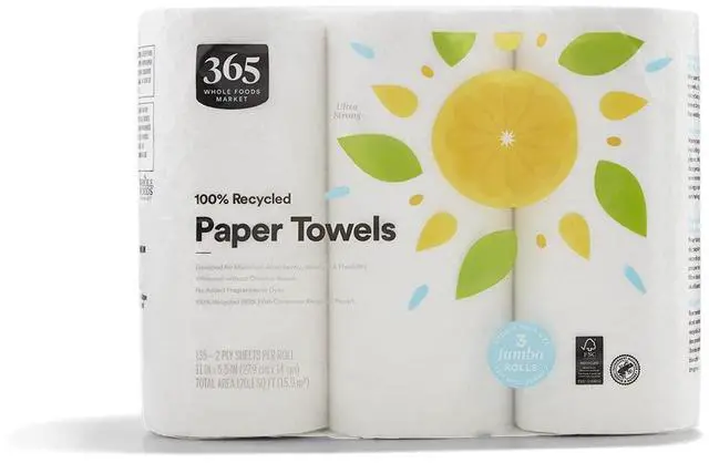 Main image of 365 by Whole Foods Market, 100% Recycled Jumbo Paper Towels, Ultra-Strong, 135 Sheets per Roll, 3 Count