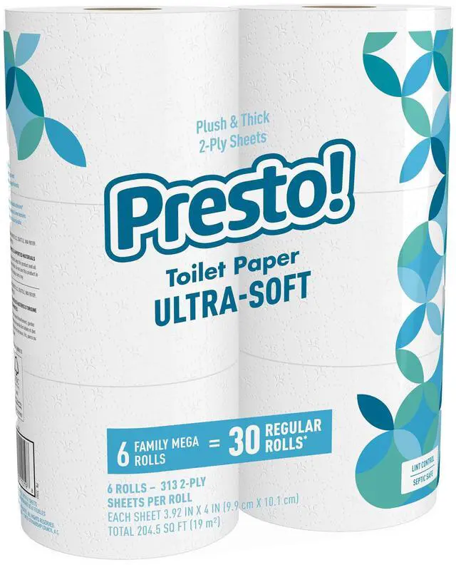 Main image of Amazon Brand - Presto! 2-Ply Ultra-Soft Toilet Paper, 6 Family Mega Rolls = 30 regular rolls, 1878 Count (6 roll of 313 sheets), Unscented, White