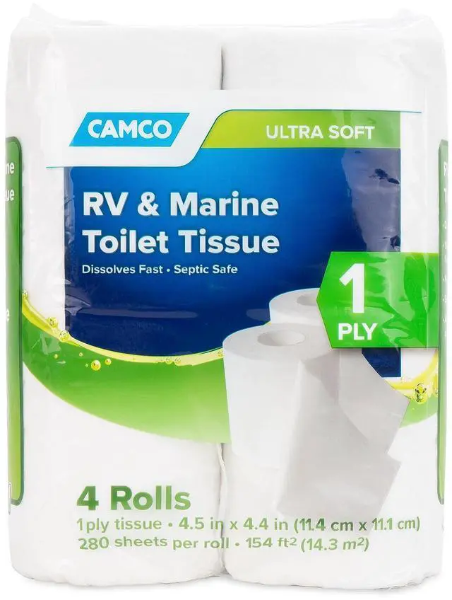 Main image of Camco Camper/RV Toilet Paper - Sewer-Safe, Septic-Safe & Biodegradable - Designed for Camper, Trailer & Marine Sanitation Systems - 1-Ply Tissue | 4 Toilet Paper Rolls 280 Sheets per Roll (40275)