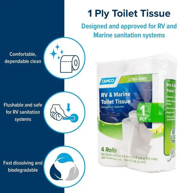 Alt view image 3 of 7 - Camco Camper/RV Toilet Paper - Sewer-Safe, Septic-Safe & Biodegradable - Designed for Camper, Trailer & Marine Sanitation Systems - 1-Ply Tissue | 4 Toilet Paper Rolls 280 Sheets per Roll (40275)