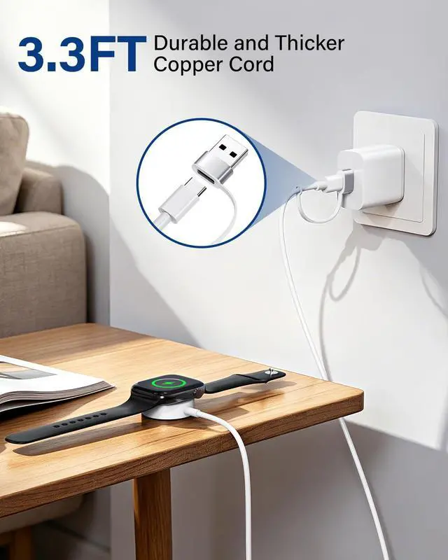 Alt view image 3 of 6 - 2026 Upgraded for Apple Watch Charger Cable, Magnetic iWatch Charging Cord 3.3FT with USB-C to USB-A Adapter 2-in-1, Compatible with iWatch Series Ultra/11/10/9/8/7/SE/6/5/4/3/2, White