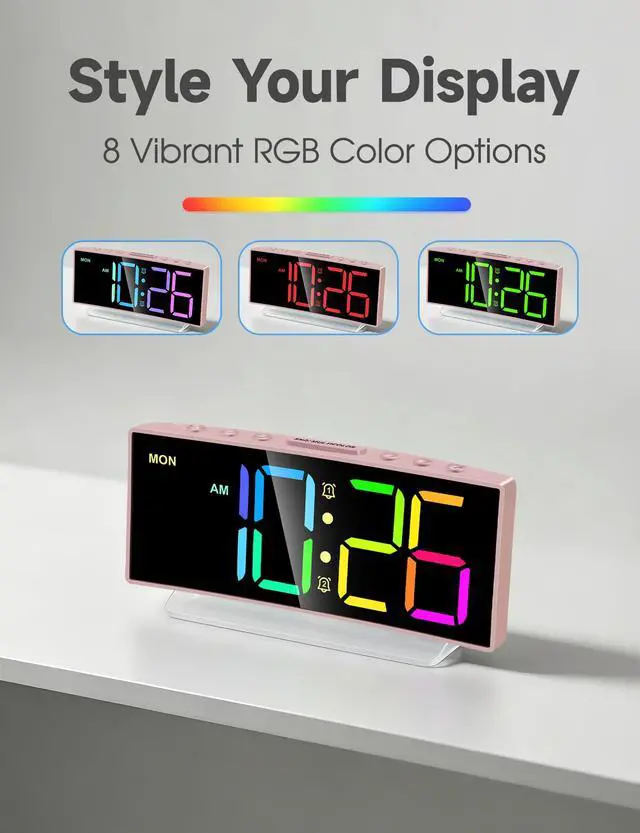 Alt view image 4 of 7 - Cadmos Modern Curved Cute Digital Alarm Clock,Colorful Led Display,Adjustable Volume,Weekday/Weekend Mode,Simple Clock for Bedrooms Bedside,Ok to Wake Up for Girls,Kids,Teens (Pink+Dynamic)