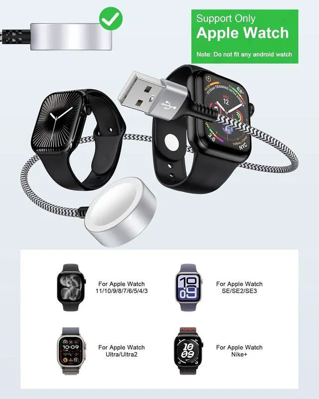 Alt view image 7 of 7 - Smartwatch Car Charger Cable for Apple Watch Series 11 Ultra 3 10 9 8 7 SE