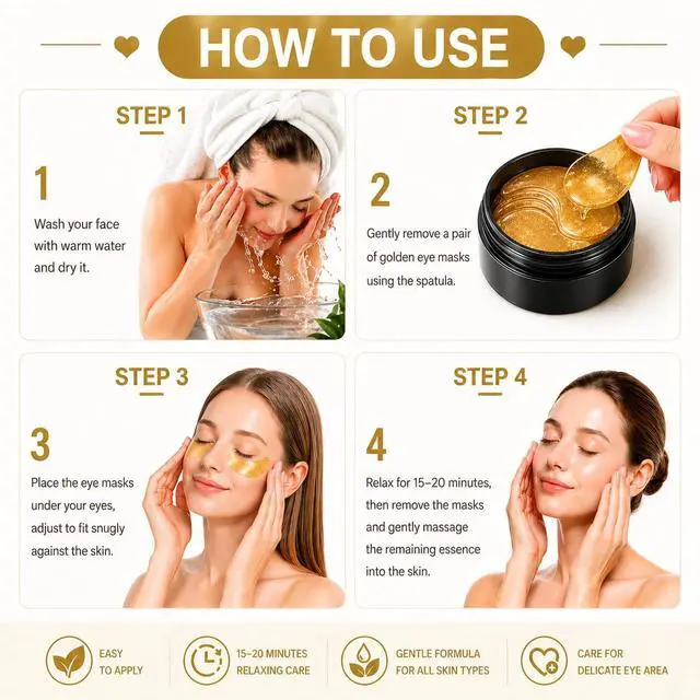 Alt view image 7 of 7 - 24K Gold Under Eye Patches (60 Pcs) - Collagen & Peptide Eye Masks for Dark Circles, Puffy Eyes & Wrinkles, Hydrating Cooling Eye Patches with Caffeine & Hyaluronic Acid, Suitable for Men & Women