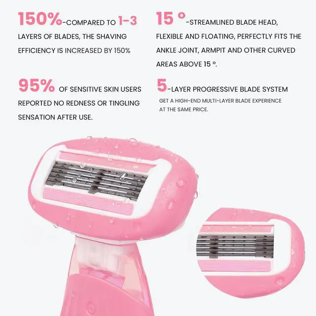 Alt view image 3 of 7 - Keropy Women Razors moisturizing bar for Sensitive Skin, Travel Razors Shaving Kit Essential - 5-Blade for Sensitive Skin - Bikini, Legs, Underarms - 1 Handle & 3 Refill Cartridges - Pink