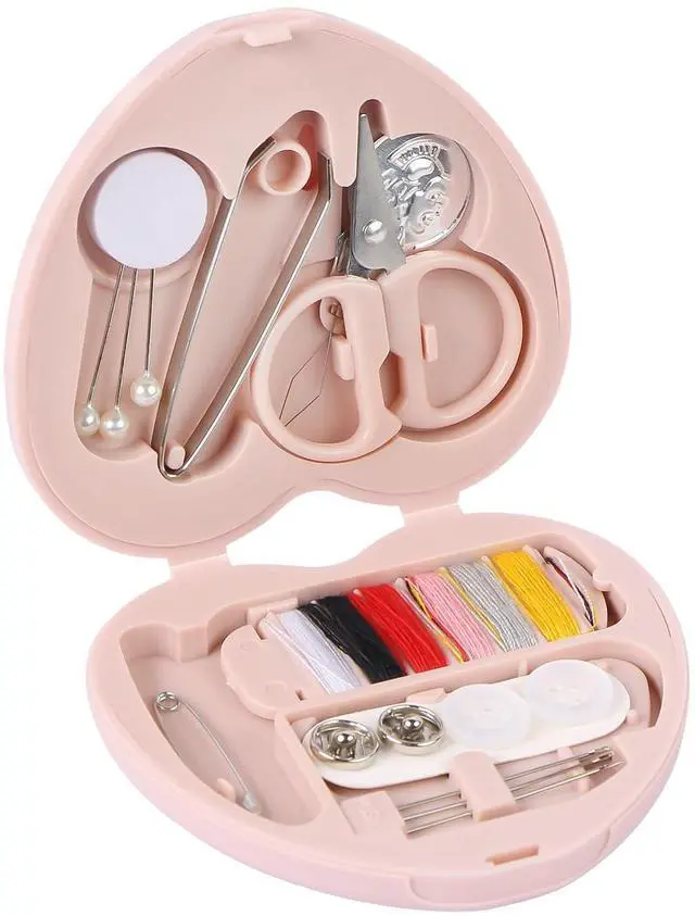 Main image of MIDELONG Heart Shaped Portable Travel Sewing Repair Kit - Mini Box with Threads, Scissors, DIY Hand Sewing Needles, Pink
