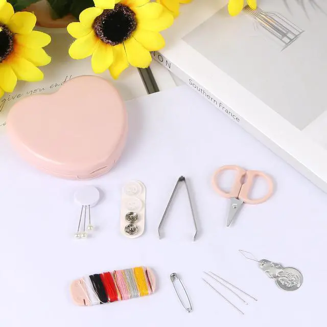 Alt view image 6 of 6 - MIDELONG Heart Shaped Portable Travel Sewing Repair Kit - Mini Box with Threads, Scissors, DIY Hand Sewing Needles, Pink