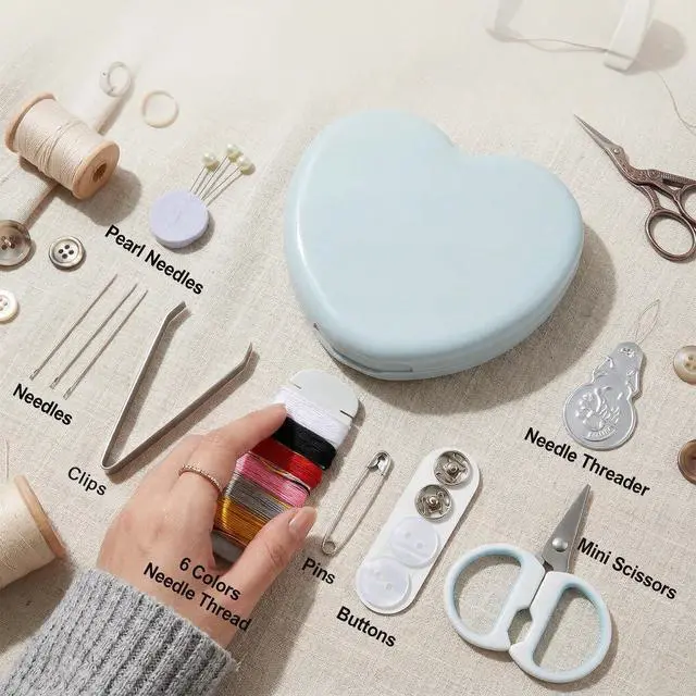 Alt view image 4 of 7 - TIESOME 2Pcs Min Travel Sewing Kit, Portable DIY Emergency Sewing Repair Supplies Heart Shaped Sewing Storage Case with Needles, Buttons, Wire Pins, Thread Scissors
