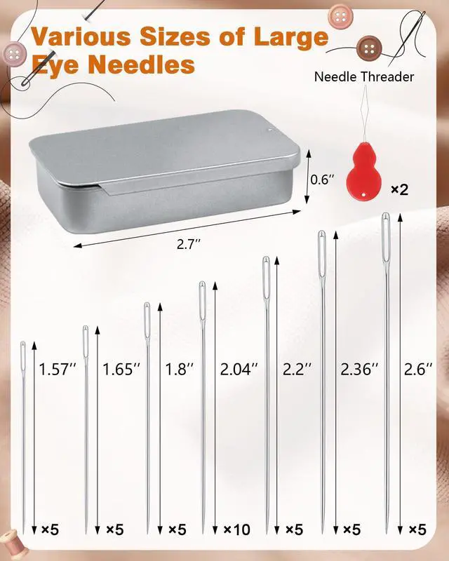 Alt view image 2 of 6 - FIVEIZERO 80/40 PCS Premium Stainless Steel Sewing Needles, 7 Sizes Large Eye Sewing Sharp Needles, Leather Needle Embroidery Thread Needle with Threaders for Handsewing Art Crafts