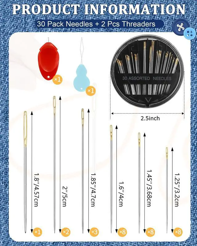 Alt view image 2 of 7 - FIVEIZERO 30-Count Steel Needles for Hand Sewing, 6 Sizes Large Eye Embroidery and Hand Quilting Needles Kit with Threaders for Art & Craft Projects